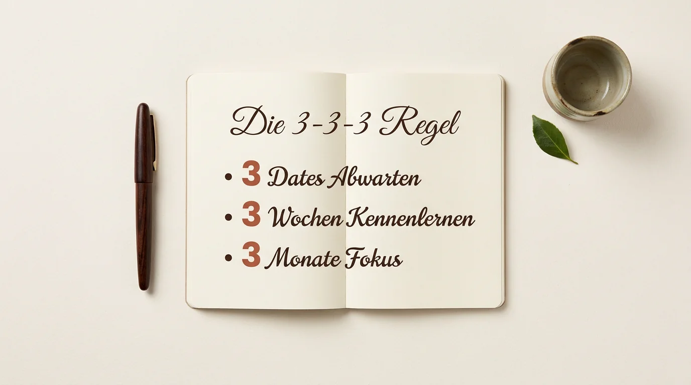 Flachbild-Arrangement eines Notizbuchs mit der Aufschrift Die 3-3-3 Regel und Schritten für achtsames Dating.
