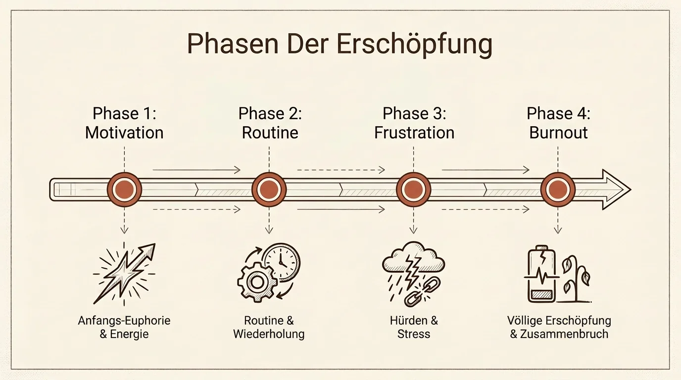 Infografik zu den Phasen der Erschöpfung beim Online-Dating, von der Motivation bis zum Burnout.