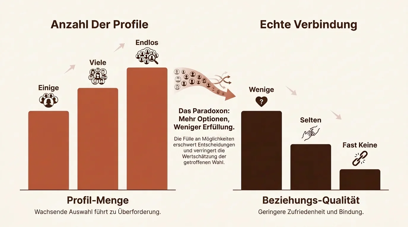 Balkendiagramm zum Paradoxon der Wahl im Online-Dating, das hohe Profil-Mengen geringer Beziehungs-Qualität gegenüberstellt.