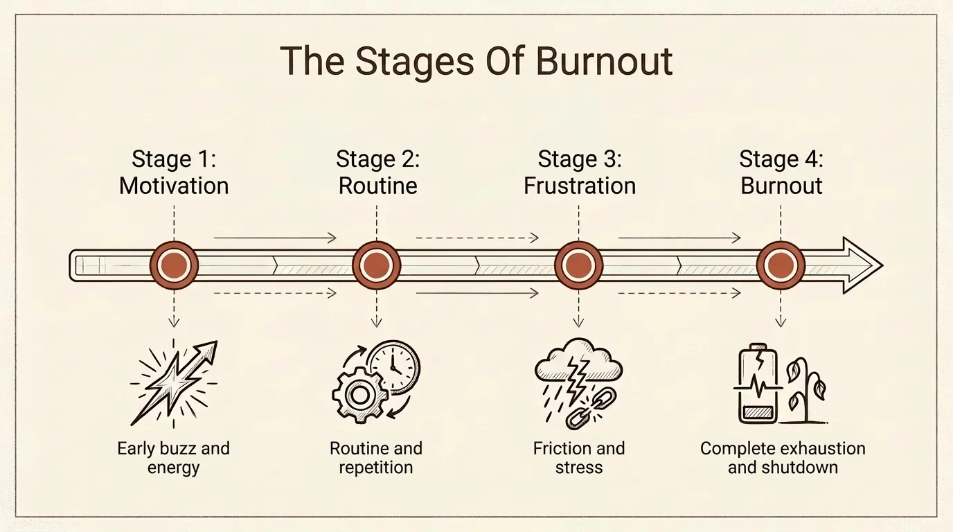 Infographic showing the stages of exhaustion in online dating, from motivation to burnout.
