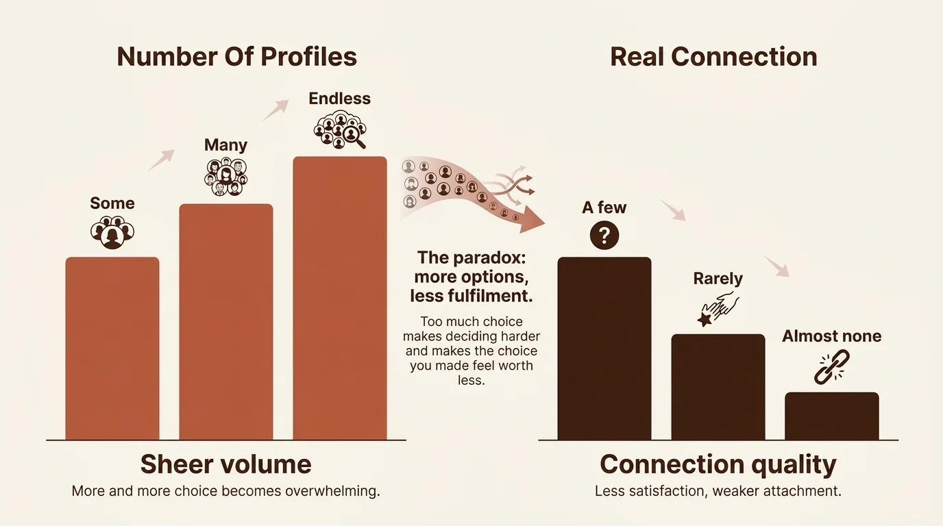 Bar chart on the paradox of choice in online dating, comparing a high quantity of profiles to a low quality of relationships.