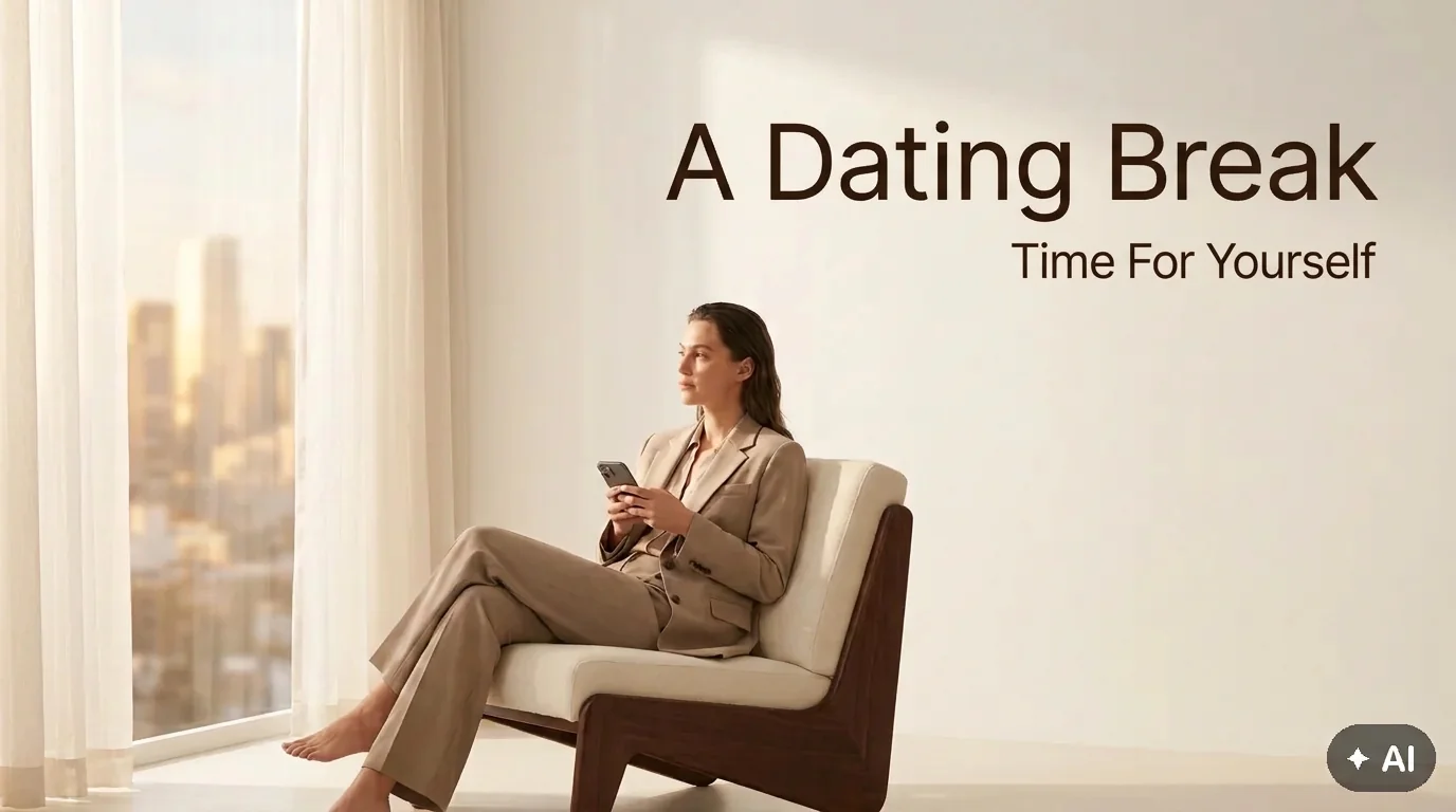 A person sits thoughtfully in a bright room holding their smartphone, with the text 'Dating Break' and 'Time for Self-Care' above it.