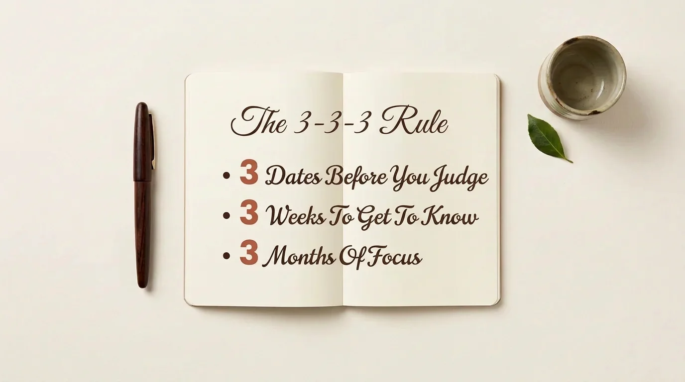 Flat-lay arrangement of a notebook with the heading 'The 3-3-3 Rule' and steps for mindful dating.