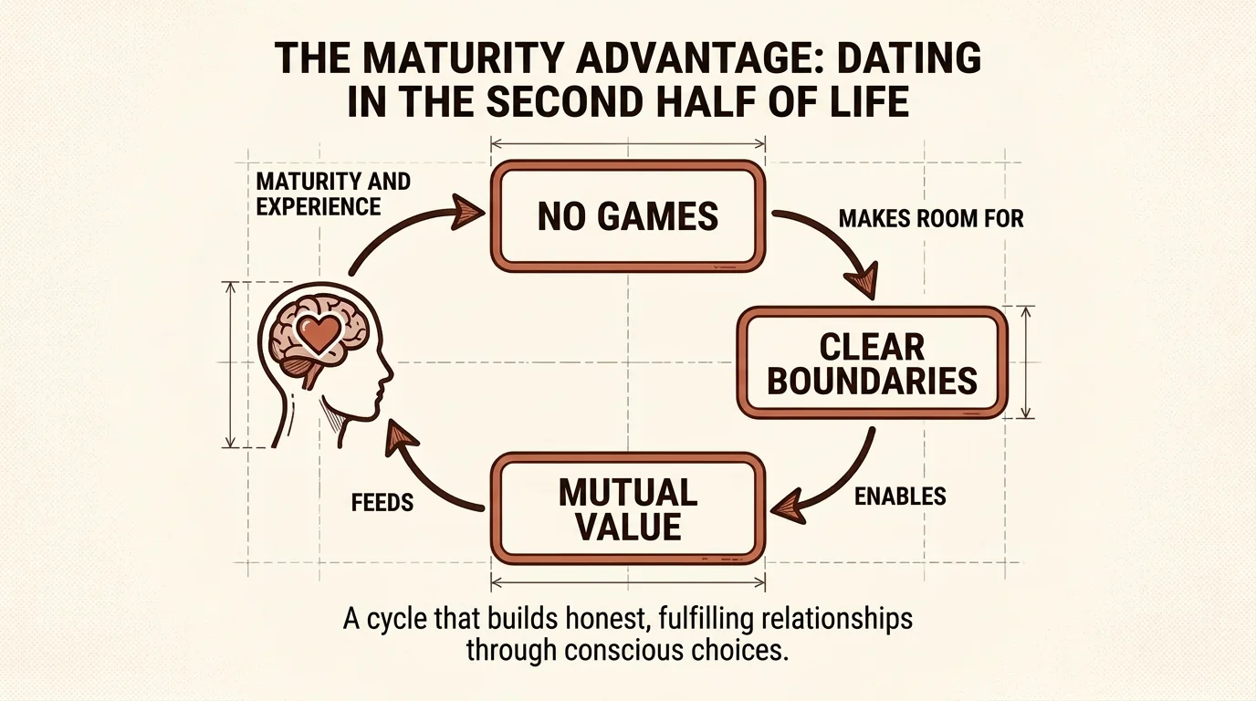 A diagram of the decision-making process for dating over 50, with points for 'No games', 'Clear boundaries', and 'Mutual benefit'.