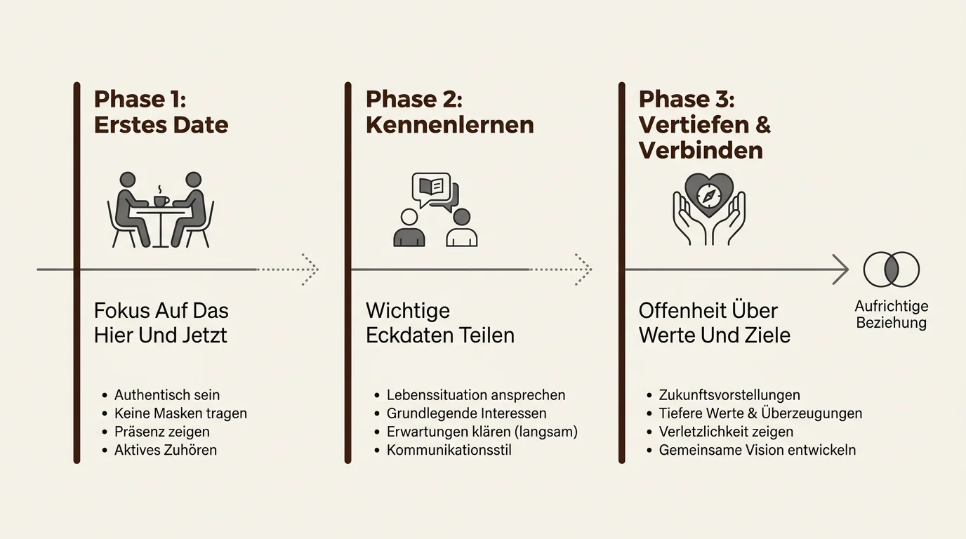 Ein grafischer Fahrplan zur Kommunikation von Altlasten beim Dating, unterteilt in Phasen vom ersten Date bis zur exklusiven Partnerschaft.