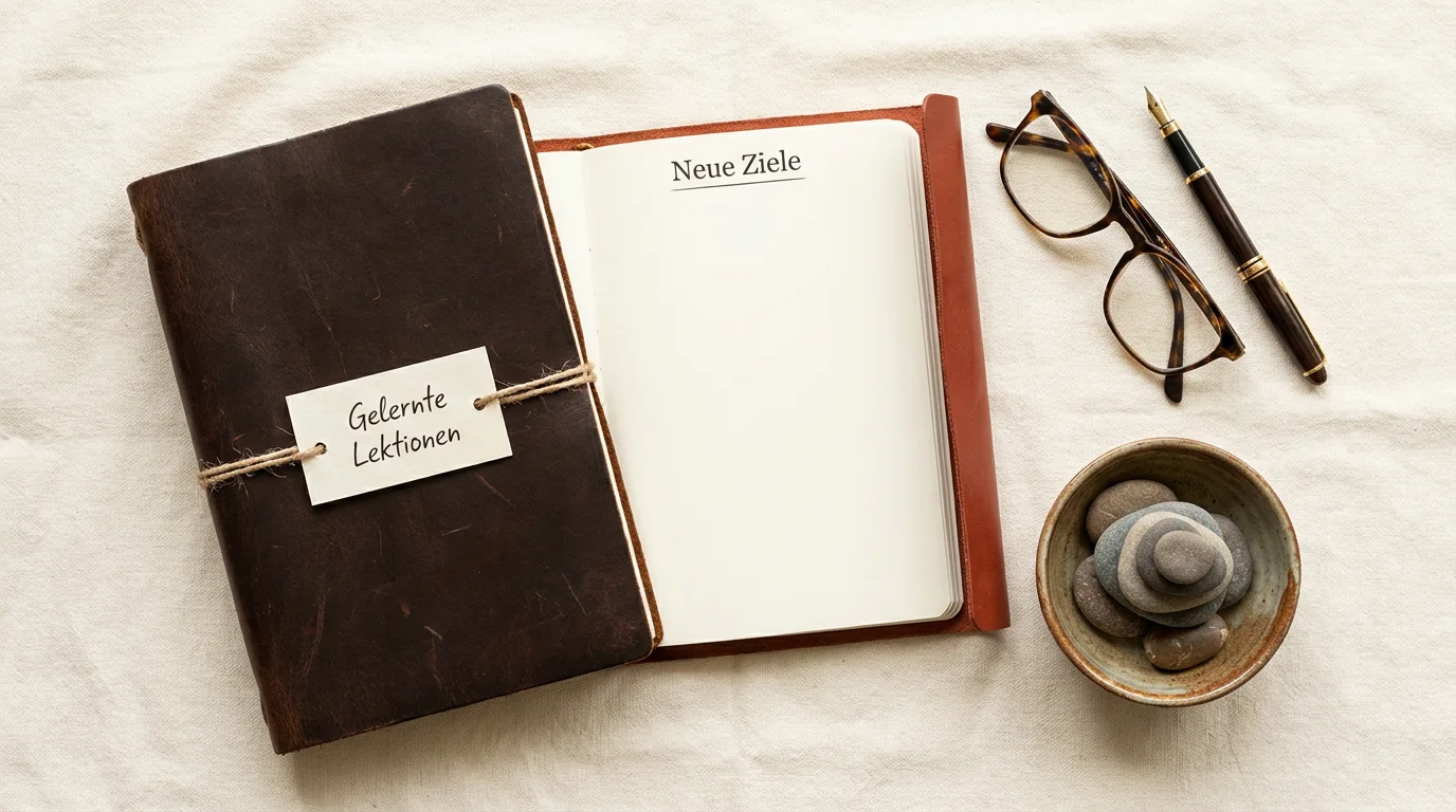 Flatlay-Arrangement mit Notizbüchern und Symbolen für Reflexion und Neuanfang nach einer Trennung in den Farben Rostrot und Dunkelbraun.