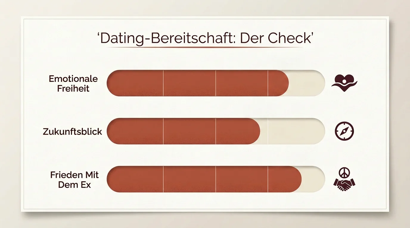 Infografik zur Dating-Bereitschaft mit Fortschrittsbalken für emotionale Freiheit, Zukunftsblick und Frieden mit dem Ex-Partner in Markenfarben.