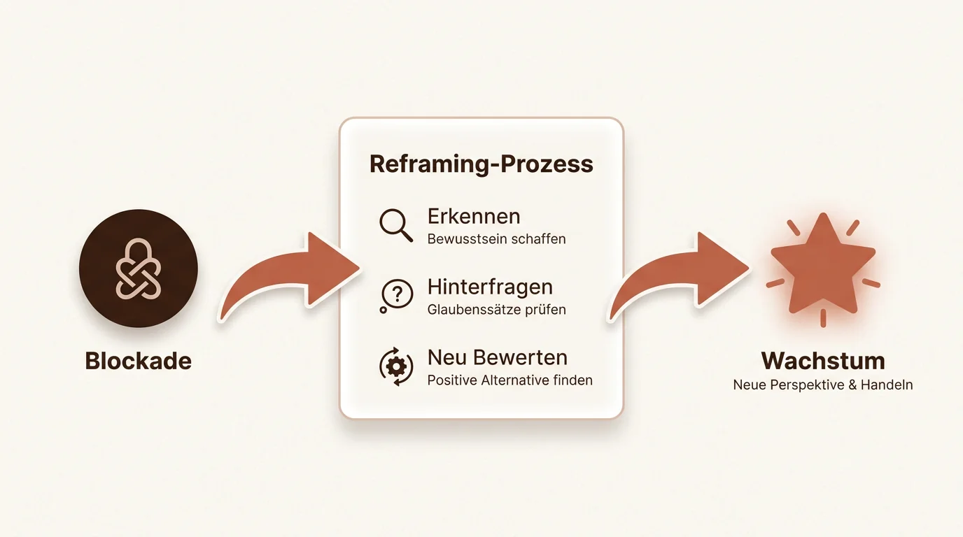 Diagramm zur Mindset-Umprogrammierung für Singles ab 50: Schrittweise Anleitung von der mentalen Blockade hin zu neuen Partnerschaftschancen.