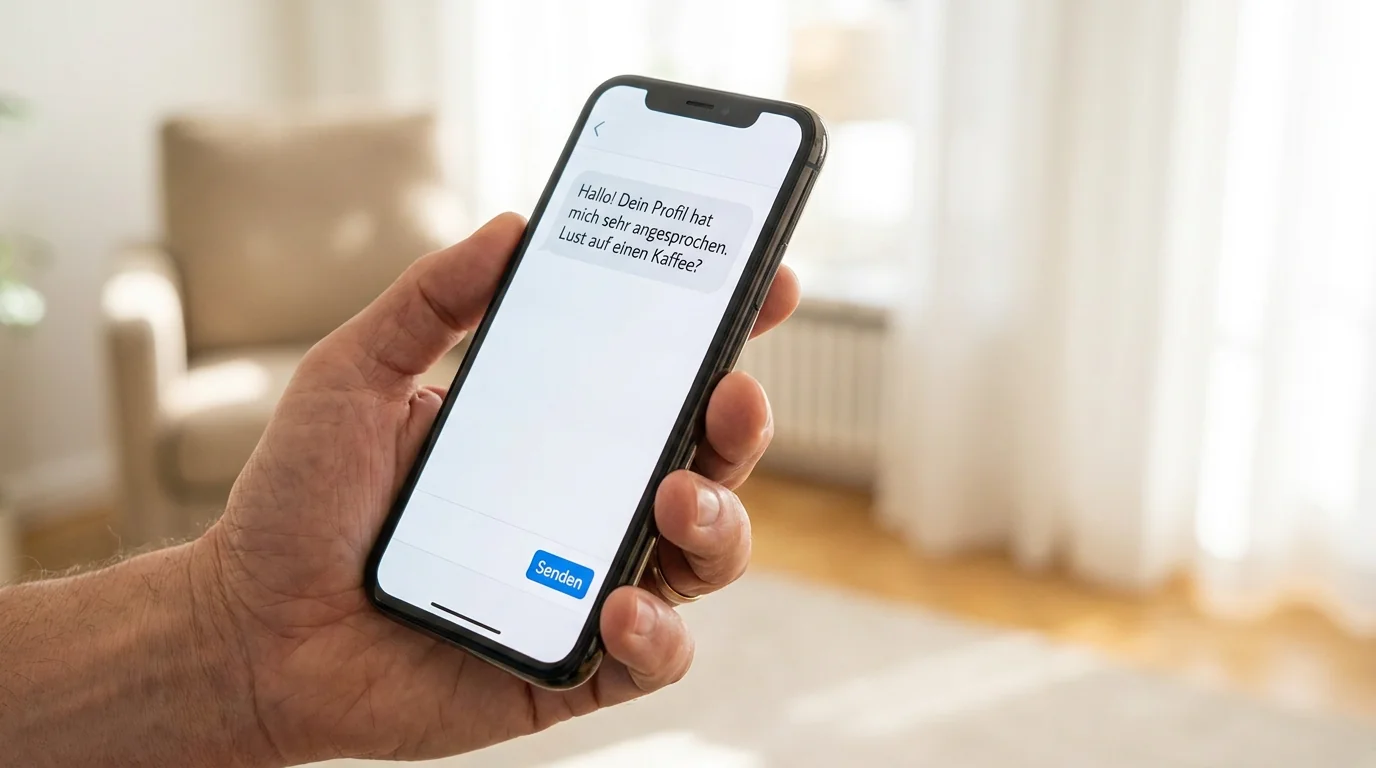 Nahaufnahme einer Hand, die eine sympathische Dating-Nachricht auf einem Smartphone schreibt, als Beispiel für proaktive Partnersuche ab 50.