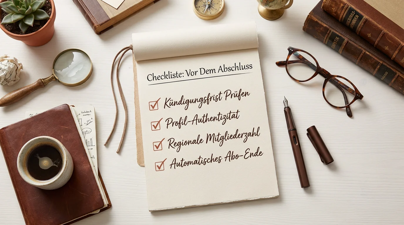 Flat-lay einer Checkliste auf einem Notizblock mit wichtigen Punkten zur Prüfung von Dating-Portalen vor dem Vertragsabschluss.