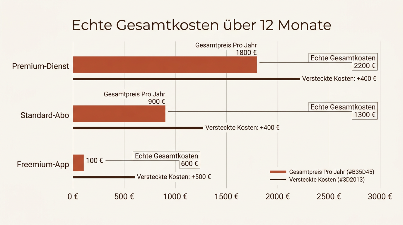 Balkendiagramm zum Vergleich der jährlichen Gesamtkosten verschiedener Dating-Modelle, inklusive versteckter Kosten und Abo-Modelle.