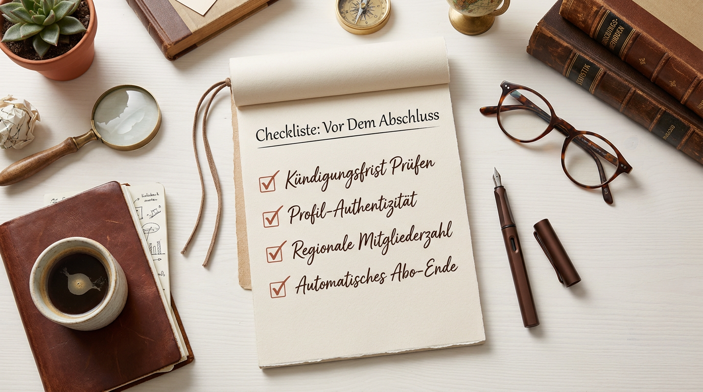 Flat-lay einer Checkliste auf einem Notizblock mit wichtigen Punkten zur Prüfung von Dating-Portalen vor dem Vertragsabschluss.