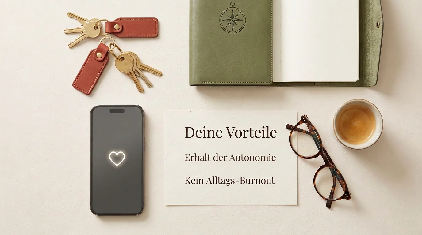 Flat-lay Arrangement mit Schlüsseln und Planer zur Veranschaulichung der Vorteile von getrennten Wohnungen in einer Partnerschaft.