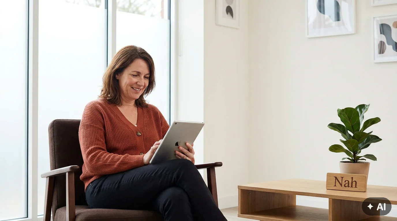 Eine Frau ab 40 in ihrer eigenen Wohnung blickt zufrieden auf ein Tablet; Symbolbild für moderne Fernbeziehungen und Autonomie.