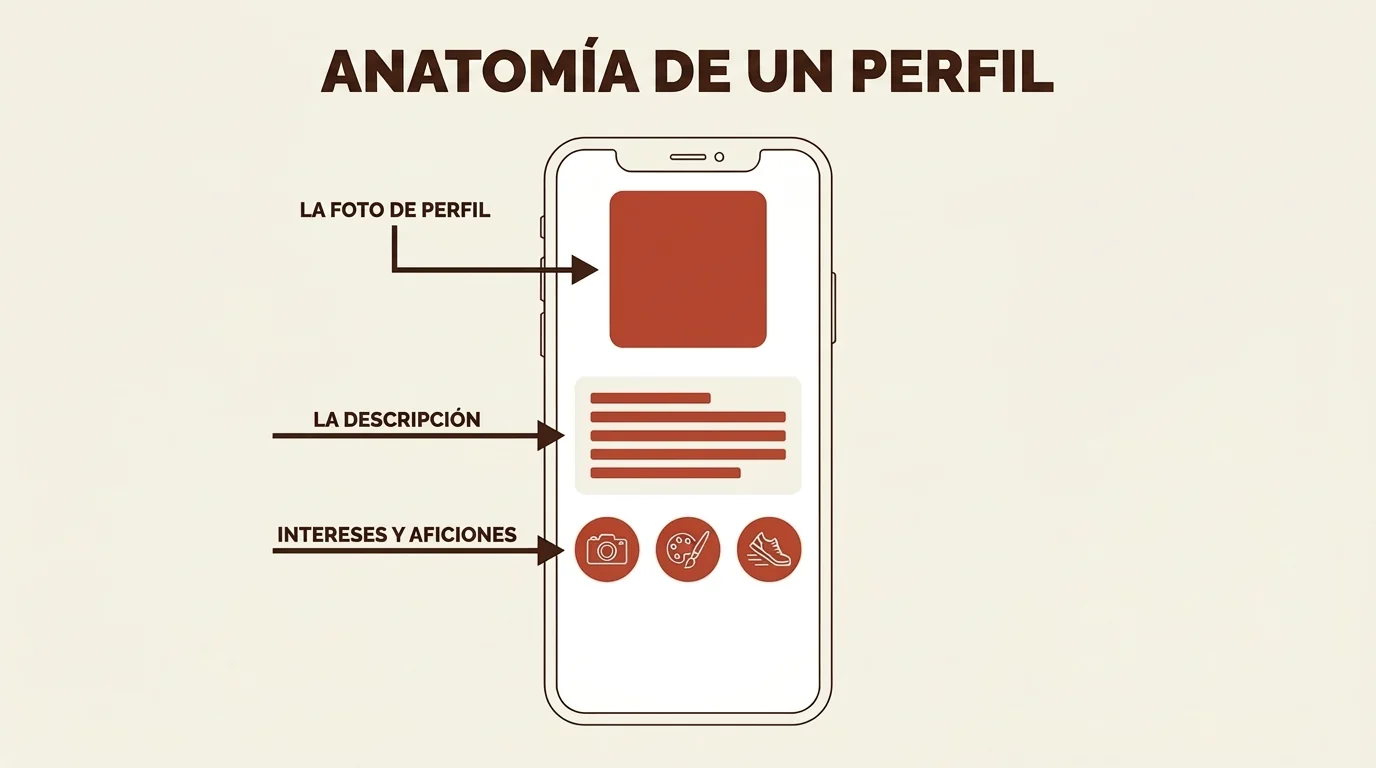 Representación esquemática de un perfil de citas online óptimo con indicaciones sobre la selección de fotos, el texto de la descripción y los intereses.