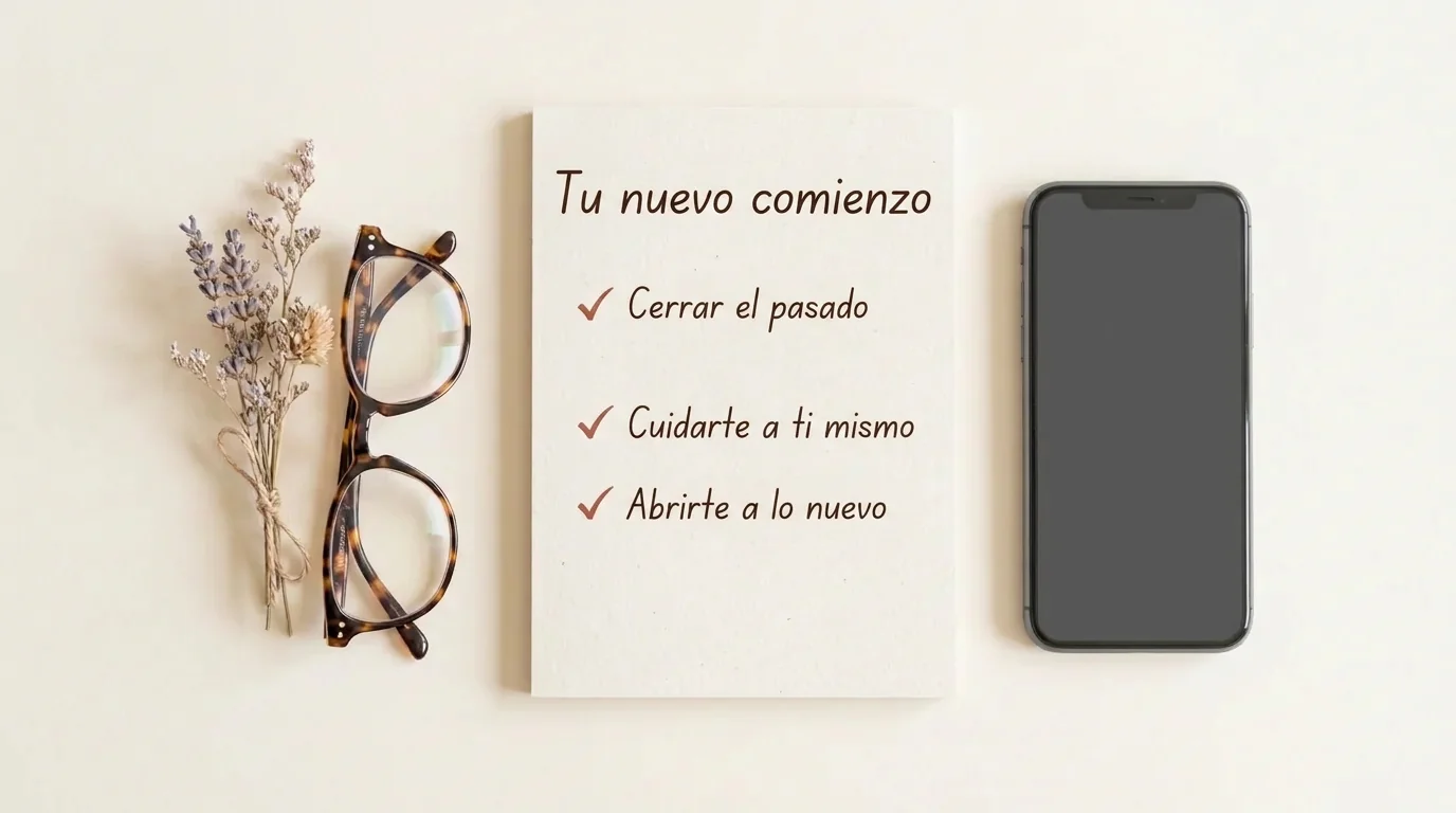 Composición cenital con un bloc de notas y los tres pasos psicológicos para volver a tener citas después de una larga pausa.