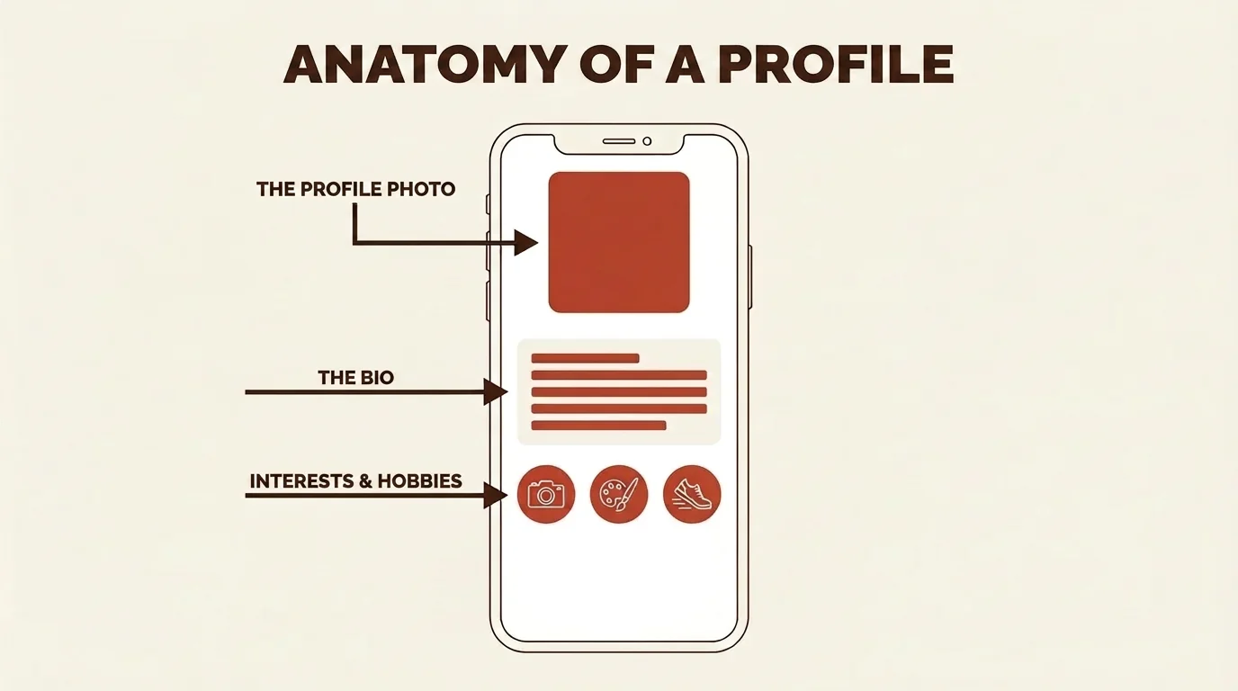 Schematic diagram of an optimal online dating profile with tips on photo selection, bio text, and interests.