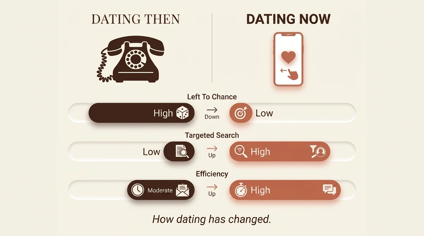Infographic comparing traditional dating with modern online dating, focusing on search strategies and chance factors.