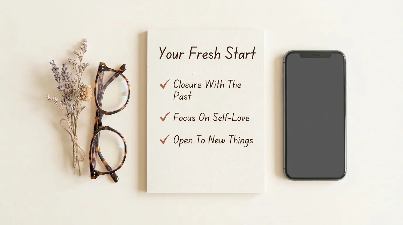 Flat-lay composition with a notepad showing the three psychological steps for getting back into dating after a long break.