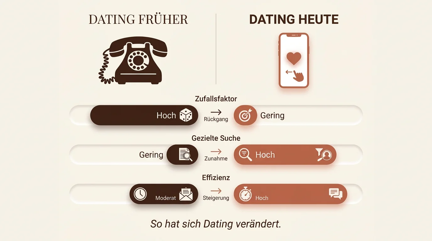 Infografik zum Vergleich zwischen klassischem Kennenlernen und modernem Online-Dating mit Fokus auf Suchstrategien und Zufallsfaktoren.