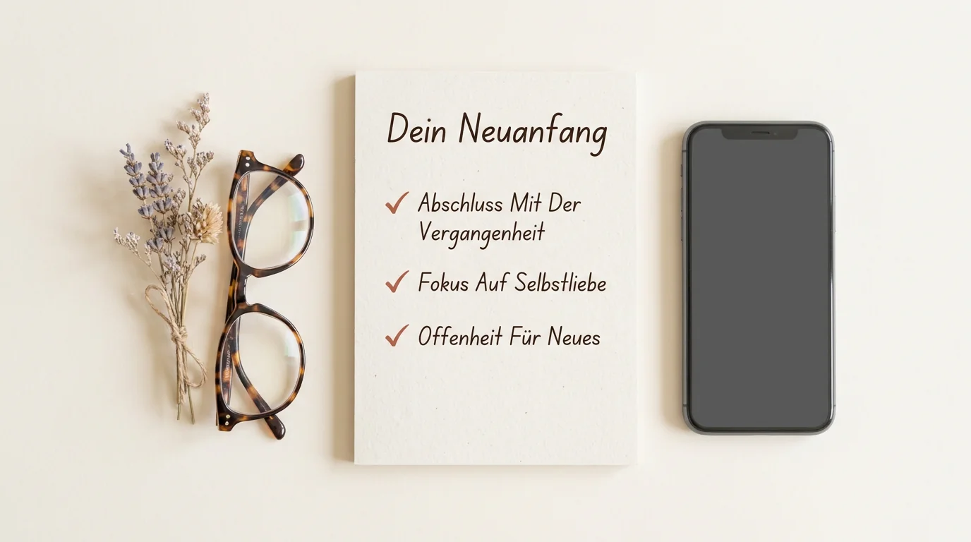 Flat-lay Komposition mit einem Notizblock und den drei psychologischen Schritten für den Wiedereinstieg ins Dating nach einer langen Pause.
