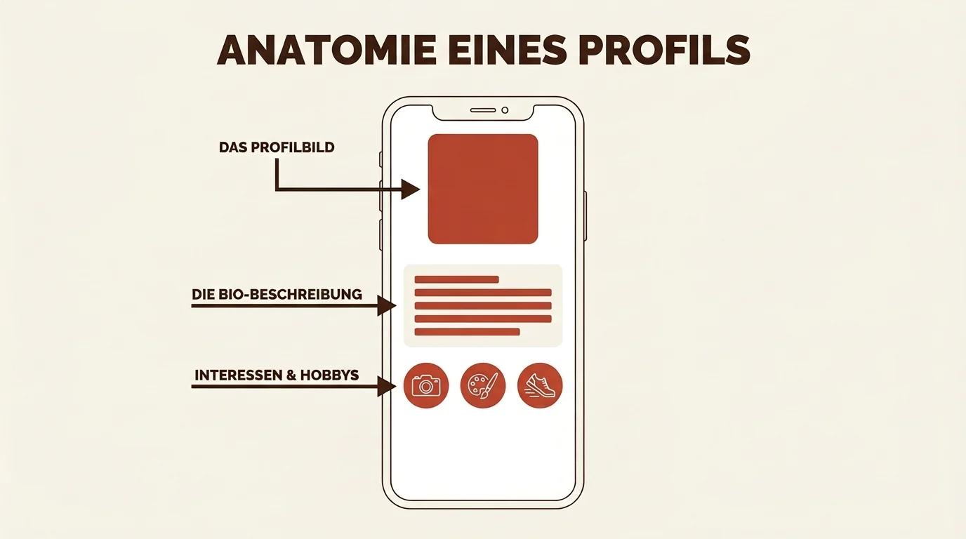 Schematische Darstellung eines optimalen Online-Dating-Profils mit Hinweisen zu Bildauswahl, Beschreibungstext und Interessen.
