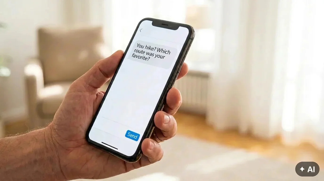 A hand holding a smartphone showing a personal first message that refers to the other person's profile.