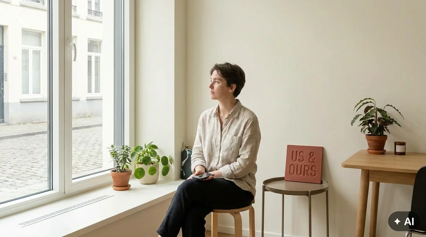 Eine Person sitzt nachdenklich in einem hellen Studio und hält ein Smartphone, während sie über ihre Dating-Ziele und Intentionen reflektiert.