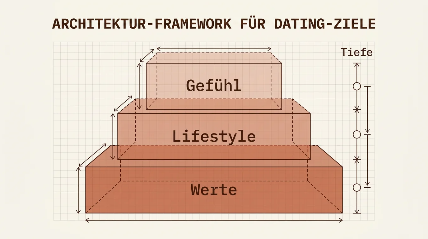 Ein Diagramm der drei Ebenen von Dating-Zielen: Werte, Lifestyle und Gefühl, strukturiert als übereinanderliegende Blöcke in Markenfarben.