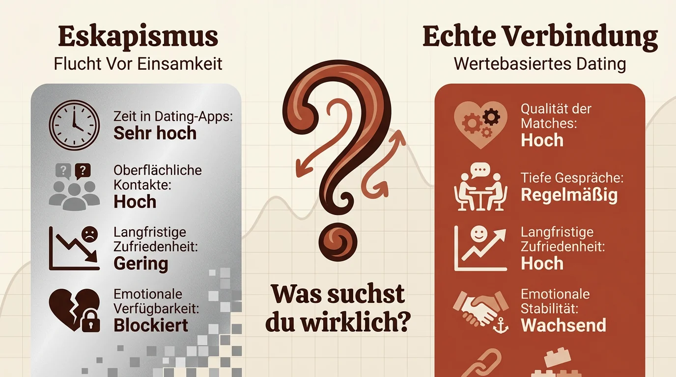Infografik zum Vergleich zwischen Eskapismus und echter Verbindung beim Dating, dargestellt durch kontrastierende Balken in Terrakotta und Grau.